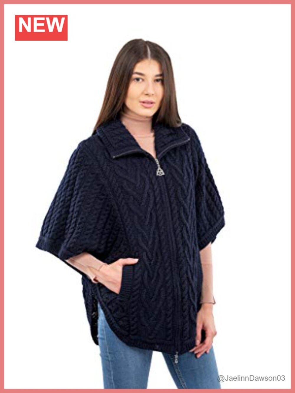 100% Merino Wool Irish Cardigan Poncho Women Aran Knit Zip Front Pockets